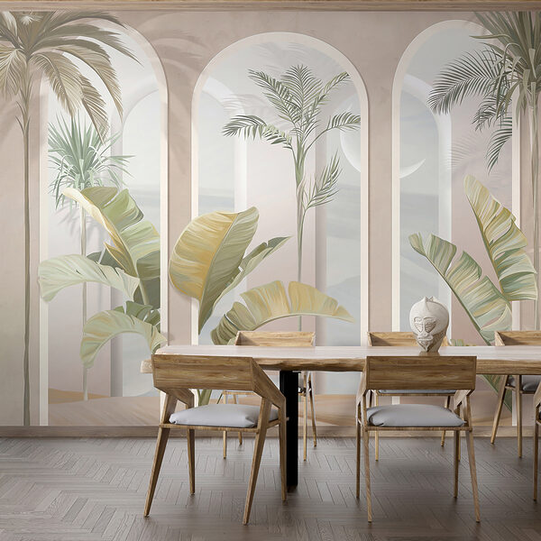 Papel de parede Janelas em arco com plantas tropicais