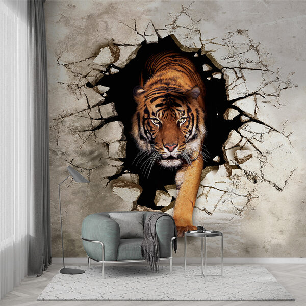 Papel de parede Tigre a emergir através de uma parede fendida