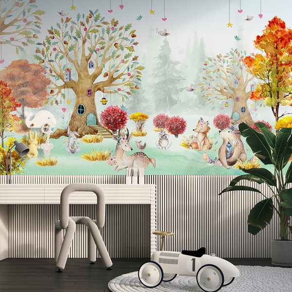 Papel de parede Pintura a aguarela de animais numa floresta