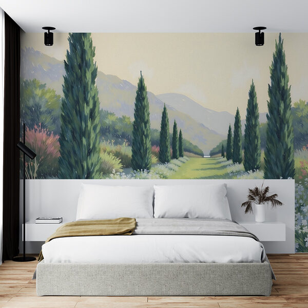 Pintura de uma paisagem com árvores e flores Papel de parede Pintura de uma paisagem com árvores e flores