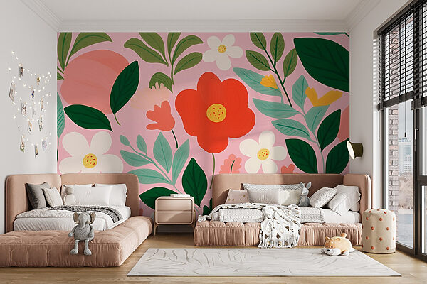 Padrão de flores e folhas Papel de parede Padrão de flores e folhas