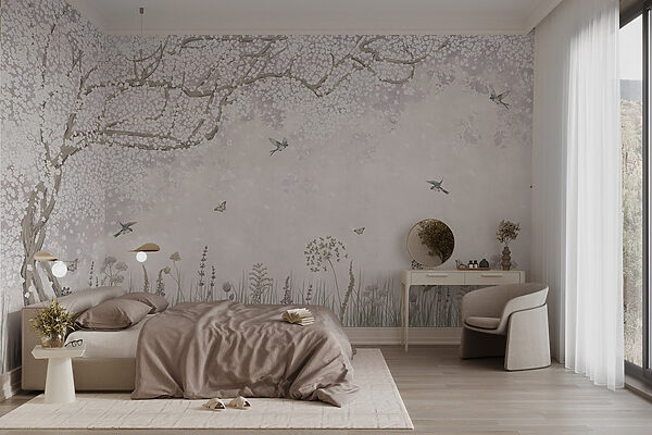 Pintura de um jardim com flores e borboletas Papel de parede Pintura de um jardim com flores e borboletas