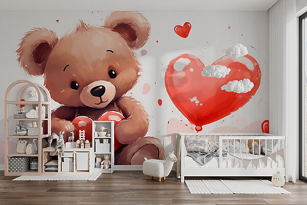 Papel de parede Papel de parede Urso de peluche com um coração na mão (REF: w03683)