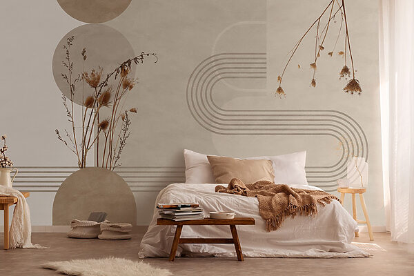 Fundo castanho e branco com círculos castanhos e brancos e plantas Papel de parede Fundo castanho e branco com círculos castanhos e brancos e plantas