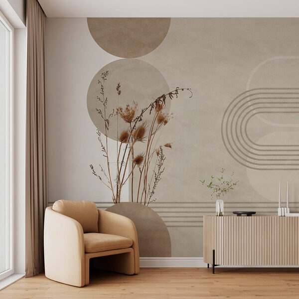 Papel de parede Fundo castanho e branco com círculos castanhos e brancos e plantas