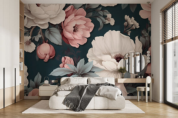 Padrão floral com flores brancas e cor-de-rosa Papel de parede Padrão floral com flores brancas e cor-de-rosa