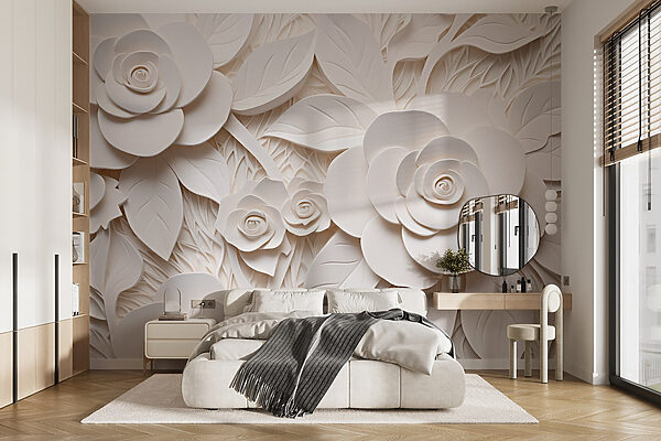 Flores e folhas de papel branco Papel de parede Flores e folhas de papel branco