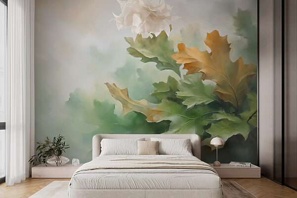 Pintura de folhas num ramo Papel de parede Pintura de folhas num ramo