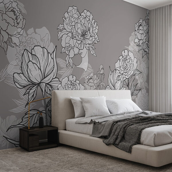 Linha de flores sobre um fundo cinzento Papel de parede Linha de flores sobre um fundo cinzento