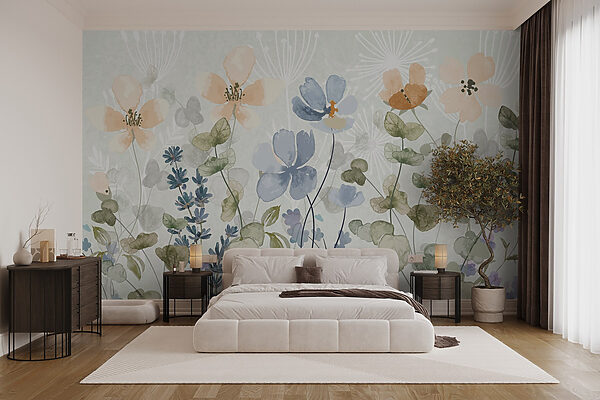 Pintura de flores e folhas Papel de parede Pintura de flores e folhas