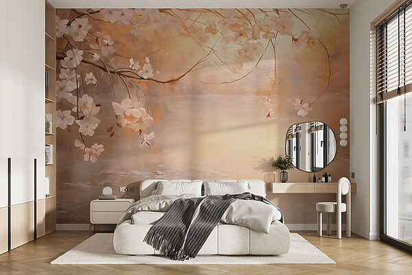 Papel de parede Pintura de um ramo de árvore com flores (REF: w09046) Papel de parede Papel de parede Pintura de um ramo de árvore com flores (REF: w09046)