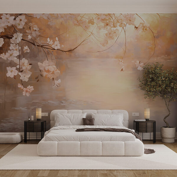 Papel de parede Pintura de um ramo de árvore com flores