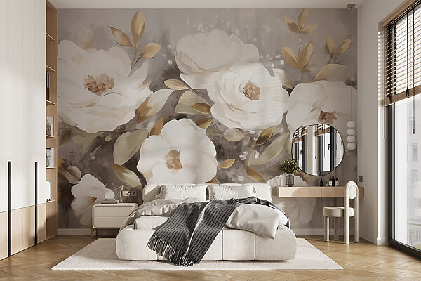 Pintura de flores e folhas brancas Papel de parede Pintura de flores e folhas brancas