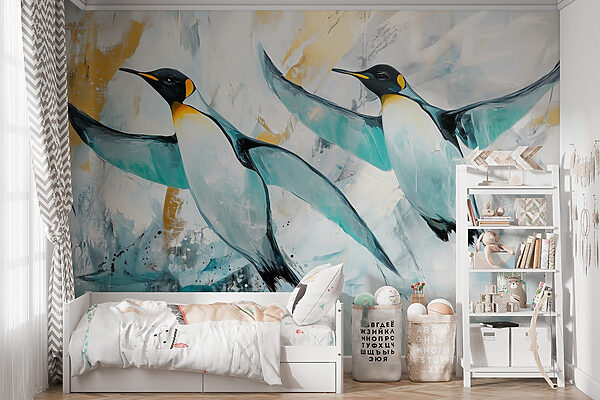 Papel de parede Papel de parede Pintura de pinguins a voar (REF: w03883)