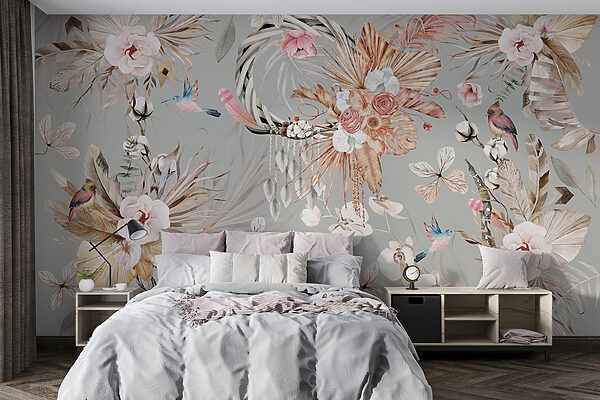 Papel de parede com flores e penas Papel de parede Papel de parede com flores e penas