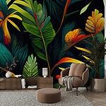Papel de parede Folhas e flores tropicais vibrantes