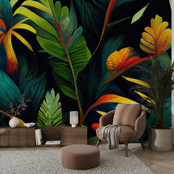 Papel de parede Folhas e flores tropicais vibrantes (REF: u72390) Papel de parede Papel de parede Folhas e flores tropicais vibrantes (REF: u72390)