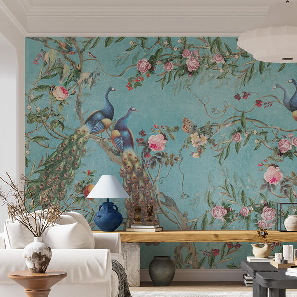 Papel de parede Pavões e flores sobre fundo azul