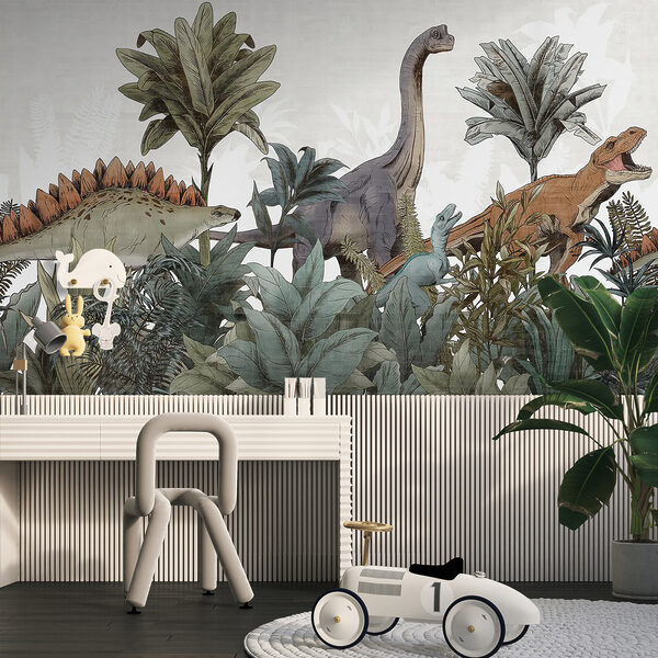Papel de parede Dinossauros a vaguear por entre uma folhagem luxuriante