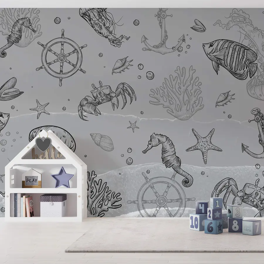 Papel de parede Fundo cinzento com criaturas marinhas (REF: t00004)