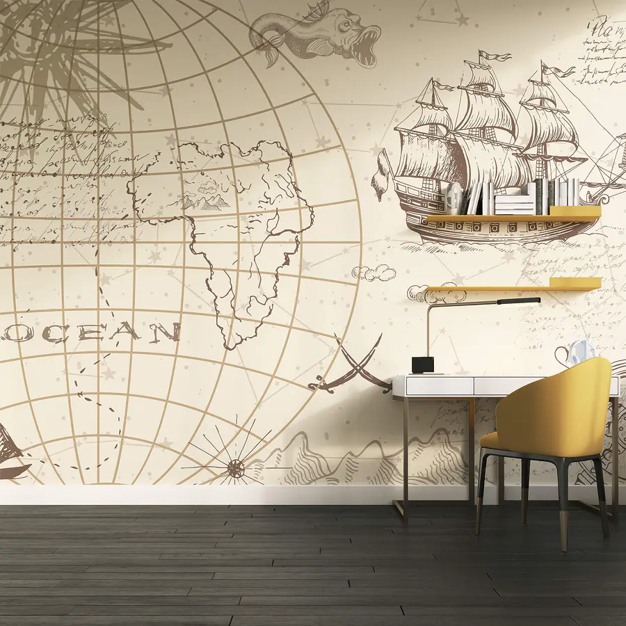 Papel de parede Mapa do mundo e um navio (REF: t00178)